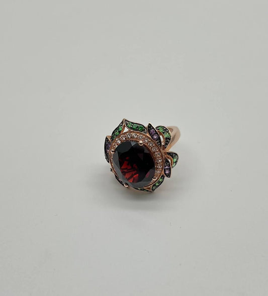Oval Shape Red Garnet White Diamond Halo Set Gemstones Floral 14K Rose Gold Ring