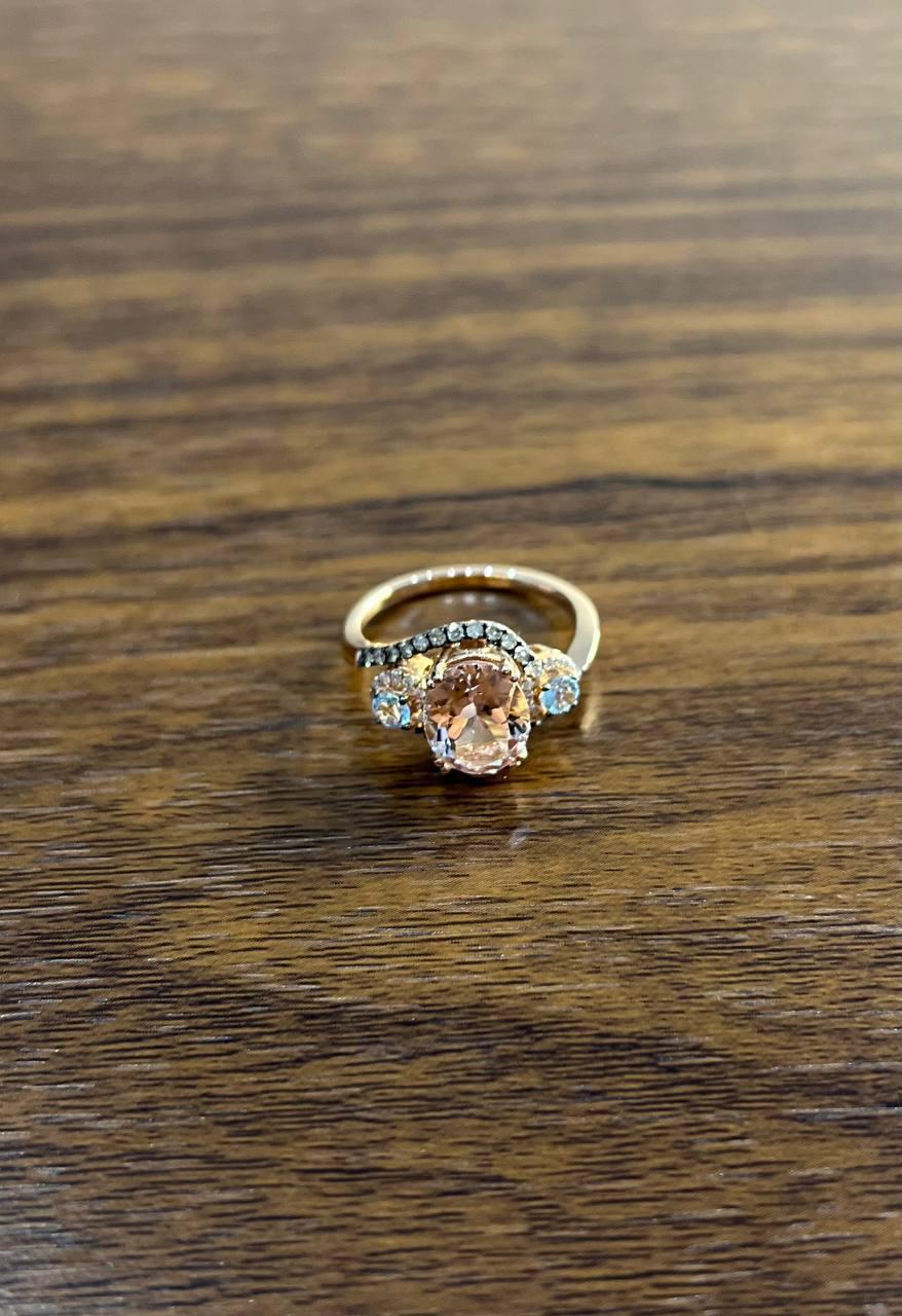 Peach Morganite Blue Topaz Champagne Diamond Halo 14K Rose Gold Side Stone Ring