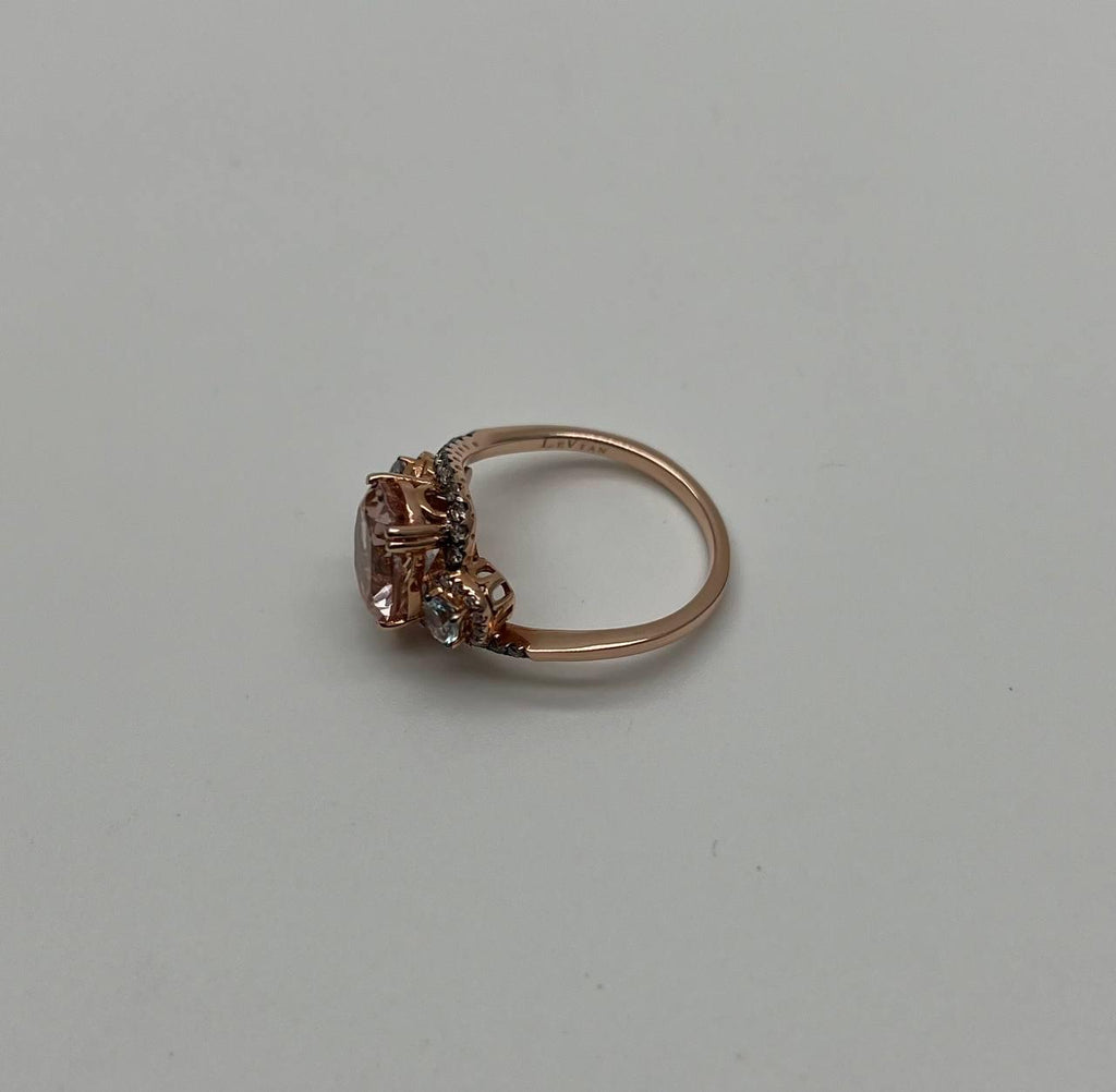 Peach Morganite Blue Topaz Champagne Diamond Halo 14K Rose Gold Side Stone Ring