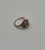 Peach Morganite Blue Topaz Champagne Diamond Halo 14K Rose Gold Side Stone Ring