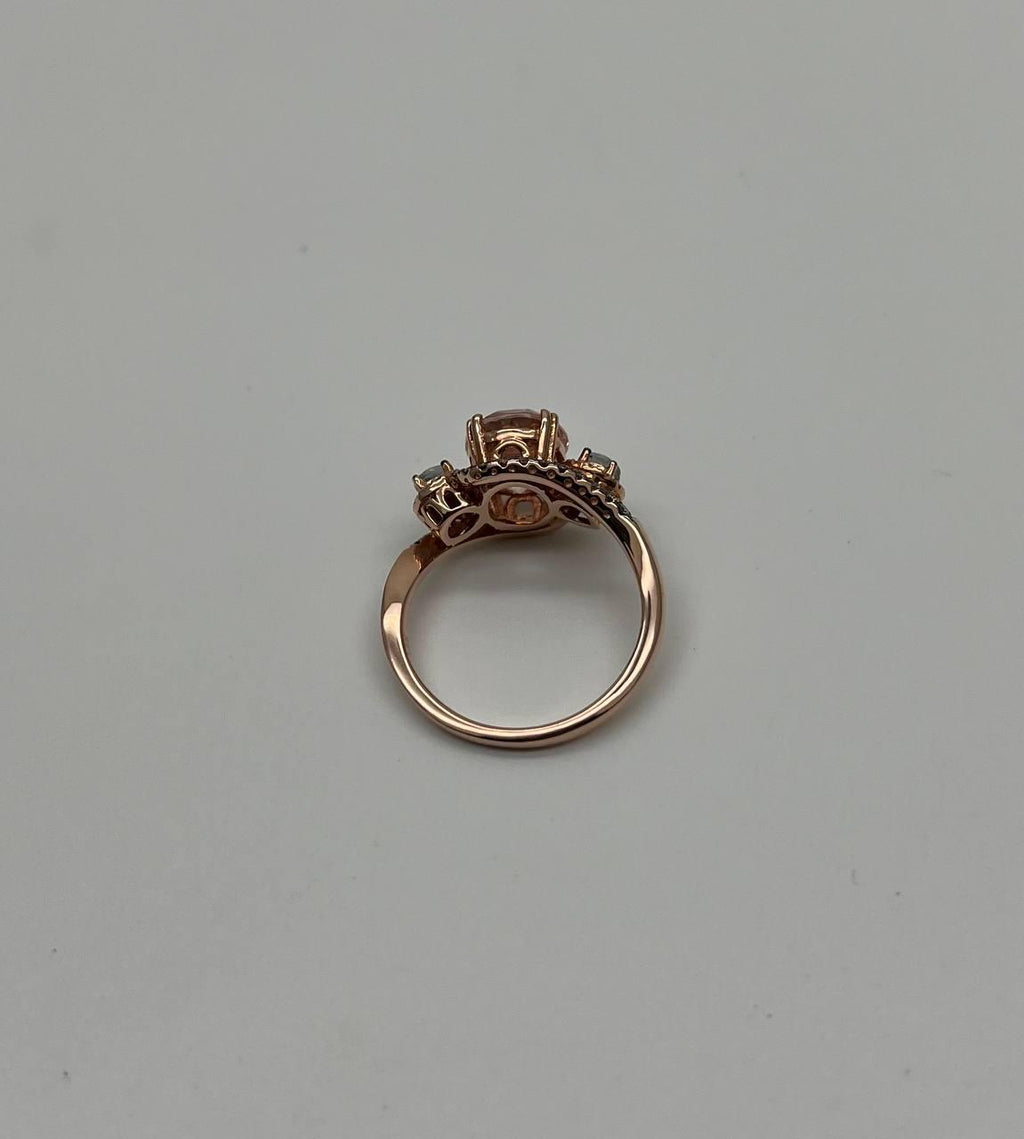 Peach Morganite Blue Topaz Champagne Diamond Halo 14K Rose Gold Side Stone Ring