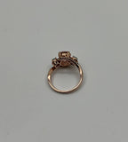 Peach Morganite Blue Topaz Champagne Diamond Halo 14K Rose Gold Side Stone Ring