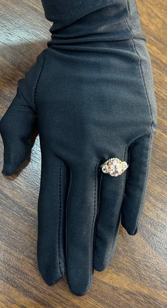Peach Morganite Blue Topaz Champagne Diamond Halo 14K Rose Gold Side Stone Ring