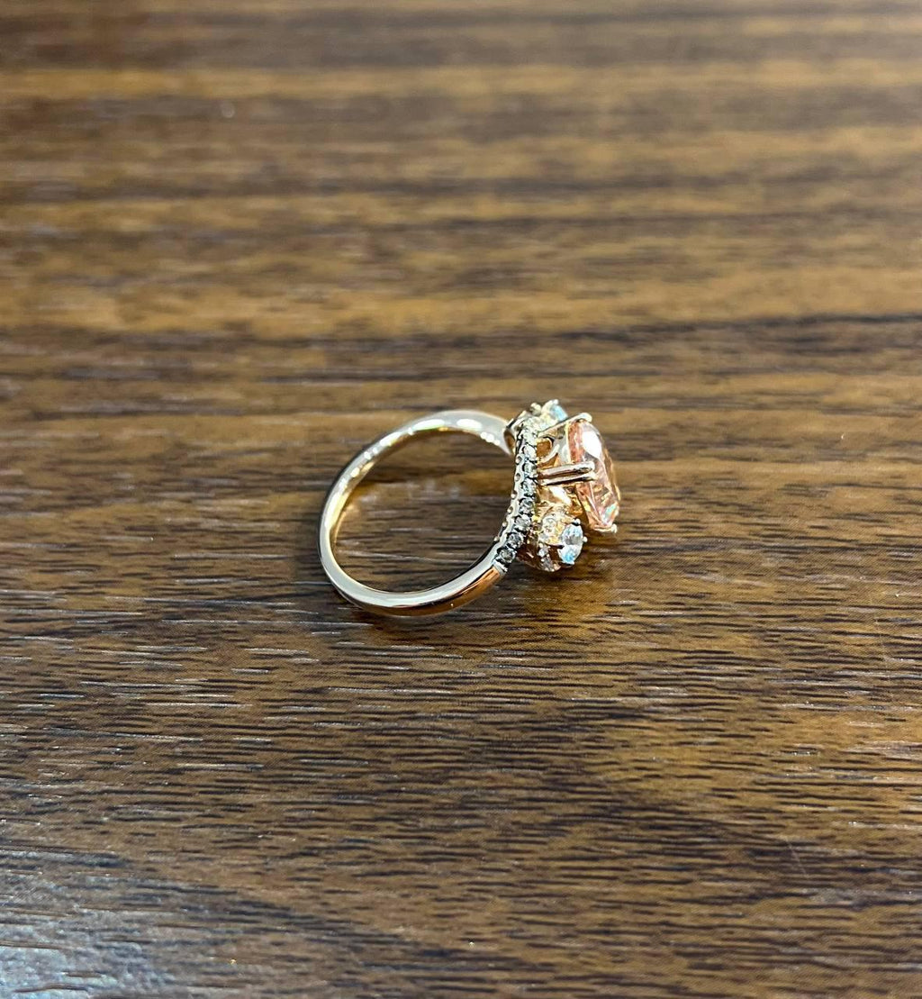 Peach Morganite Blue Topaz Champagne Diamond Halo 14K Rose Gold Side Stone Ring