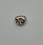 Peach Morganite Blue Topaz Champagne Diamond Halo 14K Rose Gold Side Stone Ring