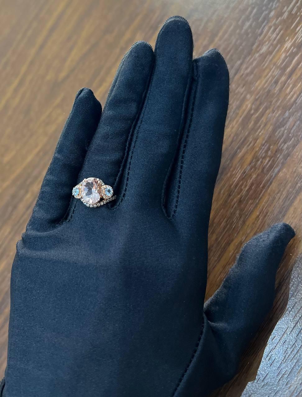 Peach Morganite Blue Topaz Champagne Diamond Halo 14K Rose Gold Side Stone Ring