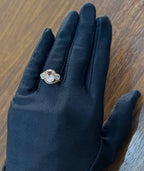 Peach Morganite Blue Topaz Champagne Diamond Halo 14K Rose Gold Side Stone Ring