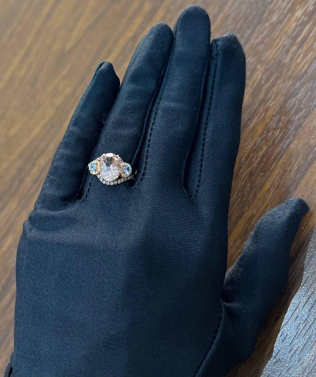 Peach Morganite Blue Topaz Champagne Diamond Halo 14K Rose Gold Side Stone Ring