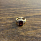 Rectangular Dark Red Garnet Champagne Diamond Halo Pave 14K Gold Statement Ring