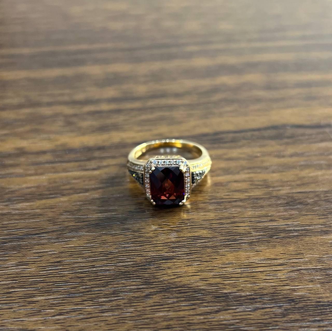 Rectangular Dark Red Garnet Champagne Diamond Halo Pave 14K Gold Statement Ring