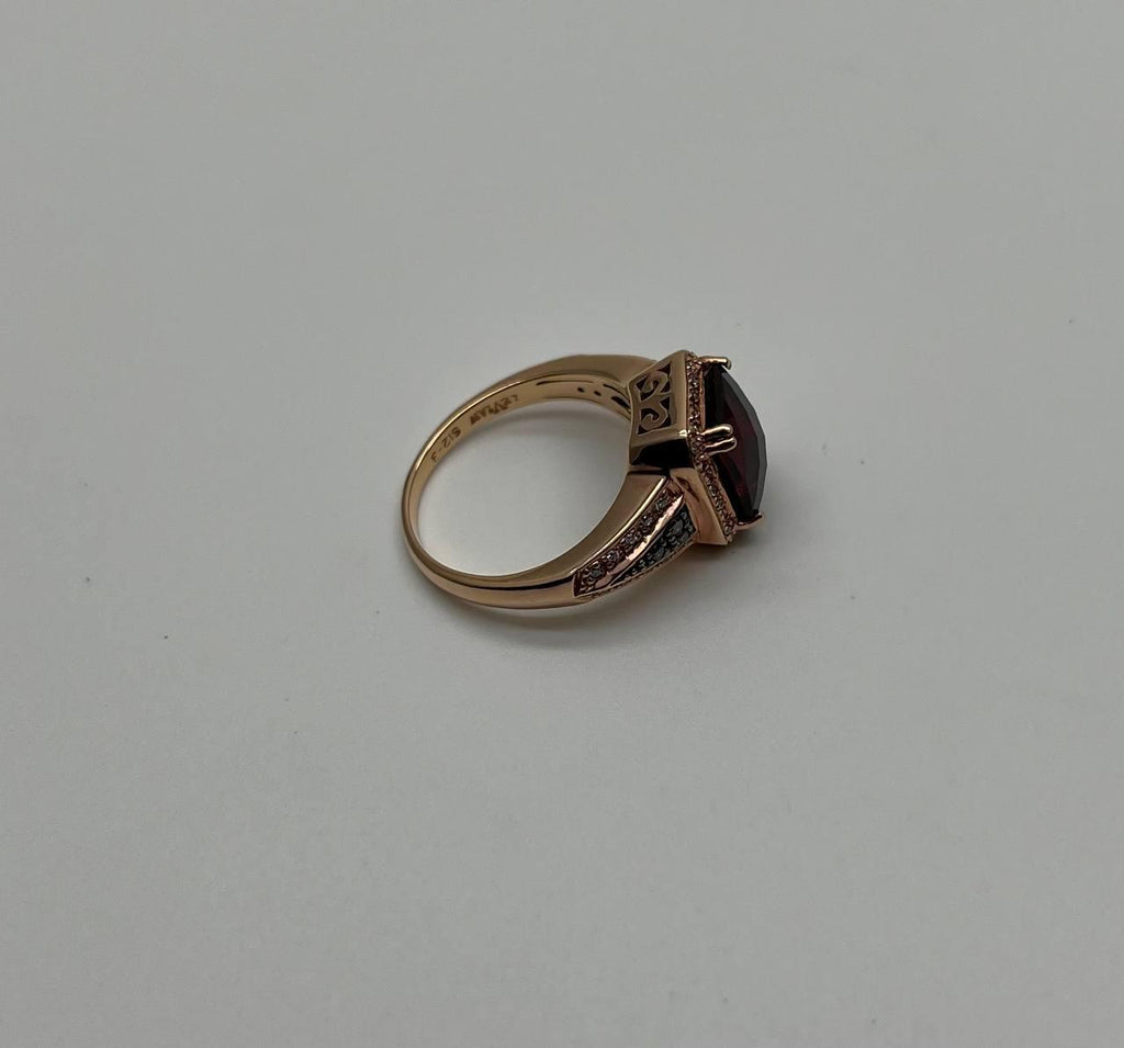 Rectangular Dark Red Garnet Champagne Diamond Halo Pave 14K Gold Statement Ring