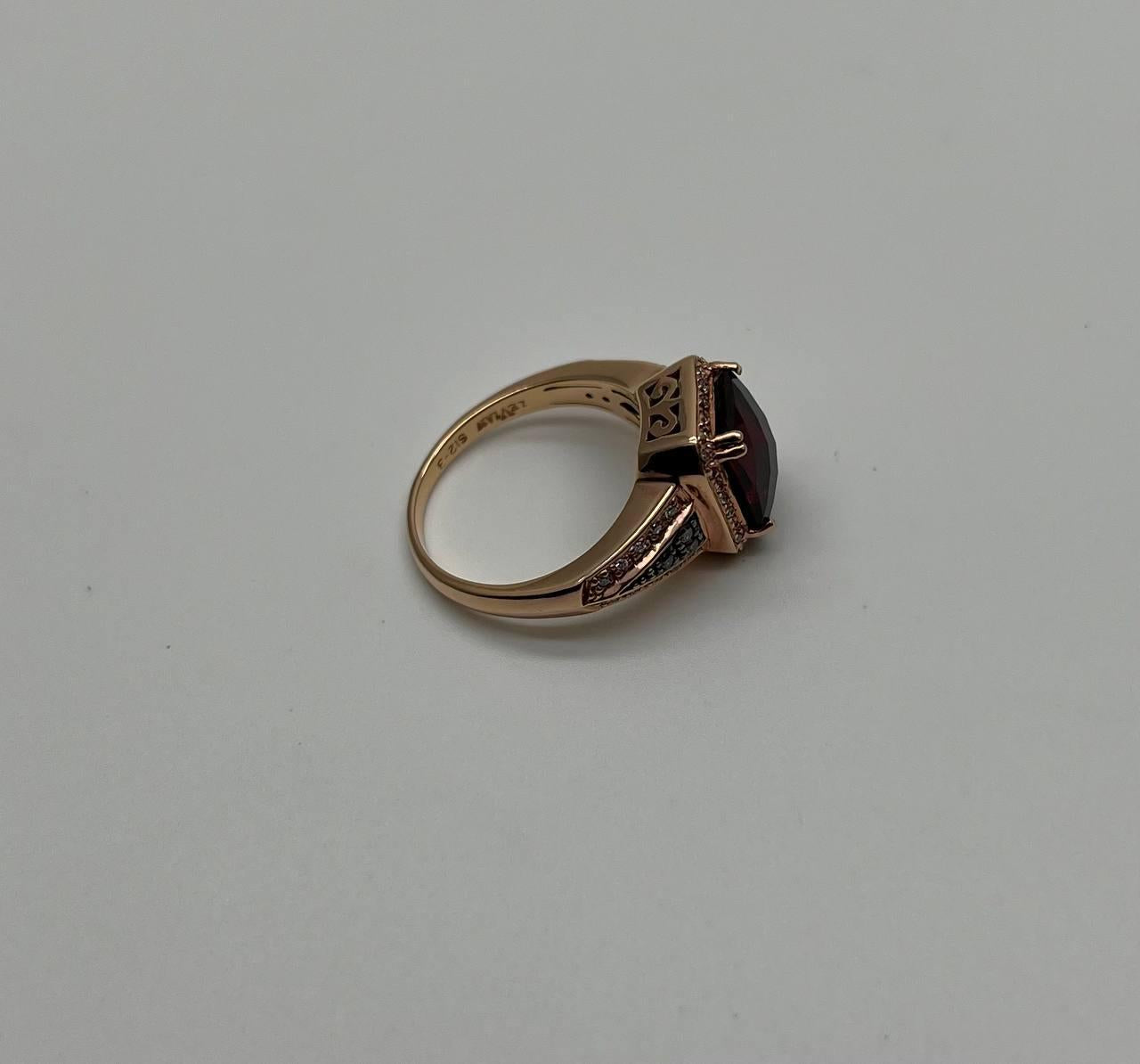 Rectangular Dark Red Garnet Champagne Diamond Halo Pave 14K Gold Statement Ring