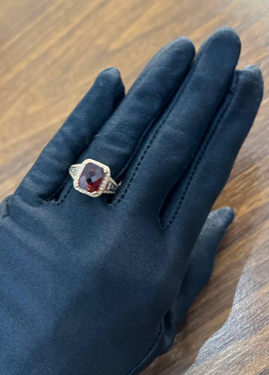 Rectangular Dark Red Garnet Champagne Diamond Halo Pave 14K Gold Statement Ring