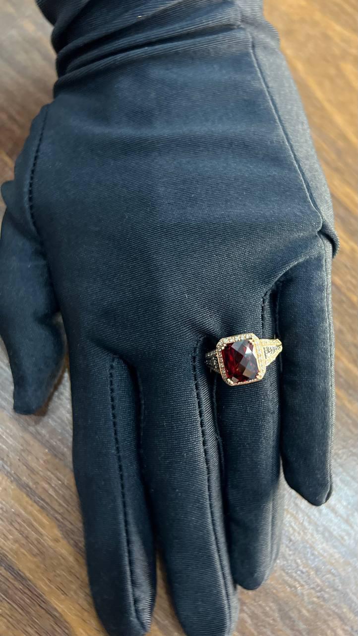Rectangular Dark Red Garnet Champagne Diamond Halo Pave 14K Gold Statement Ring