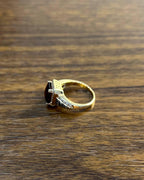 Rectangular Dark Red Garnet Champagne Diamond Halo Pave 14K Gold Statement Ring