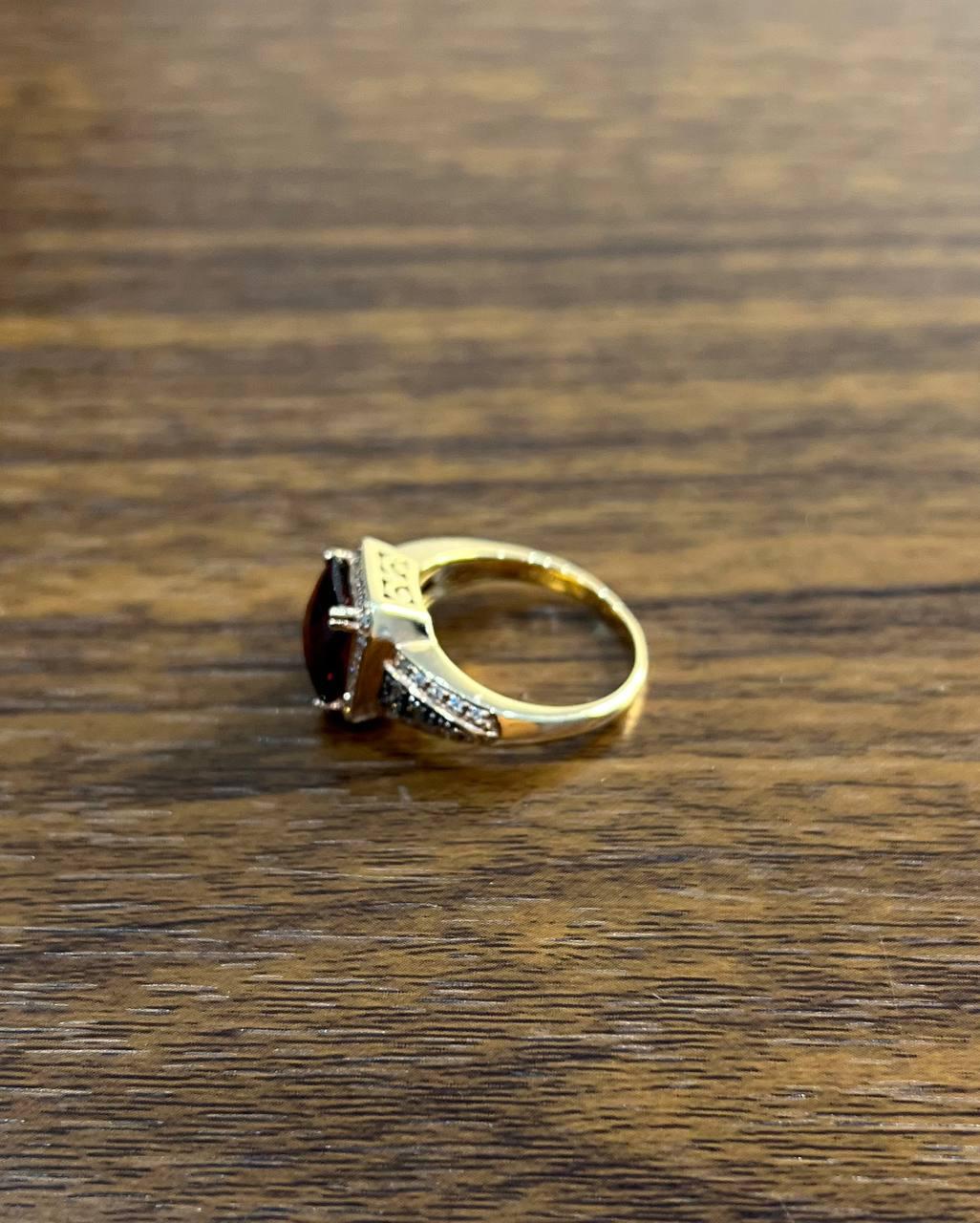 Rectangular Dark Red Garnet Champagne Diamond Halo Pave 14K Gold Statement Ring