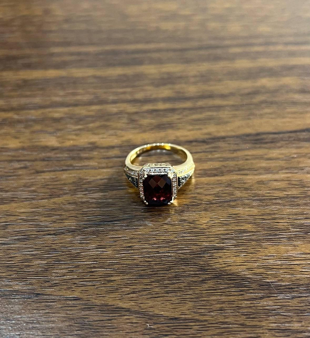 Rectangular Dark Red Garnet Champagne Diamond Halo Pave 14K Gold Statement Ring