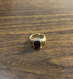 Rectangular Dark Red Garnet Champagne Diamond Halo Pave 14K Gold Statement Ring