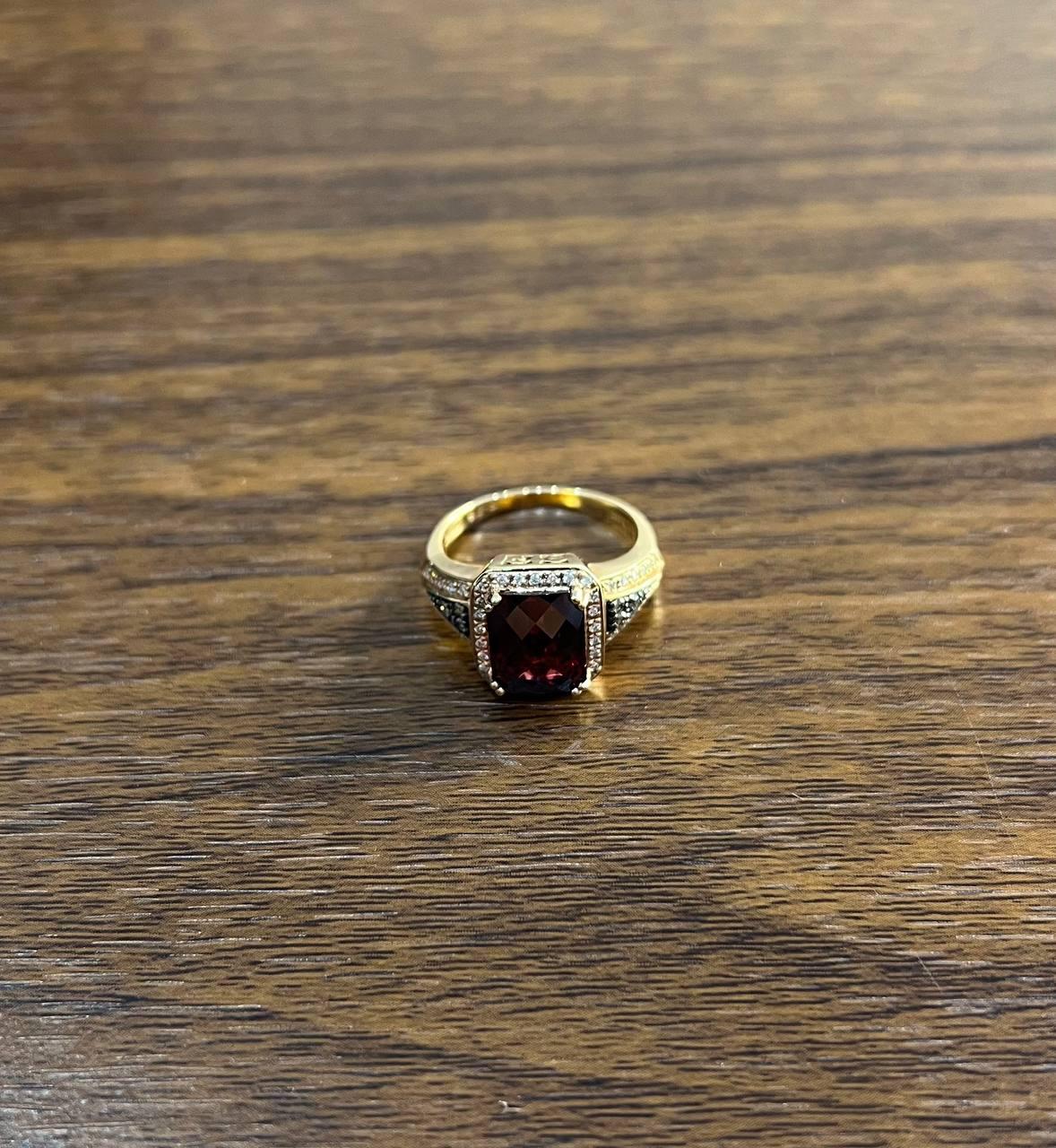 Rectangular Dark Red Garnet Champagne Diamond Halo Pave 14K Gold Statement Ring