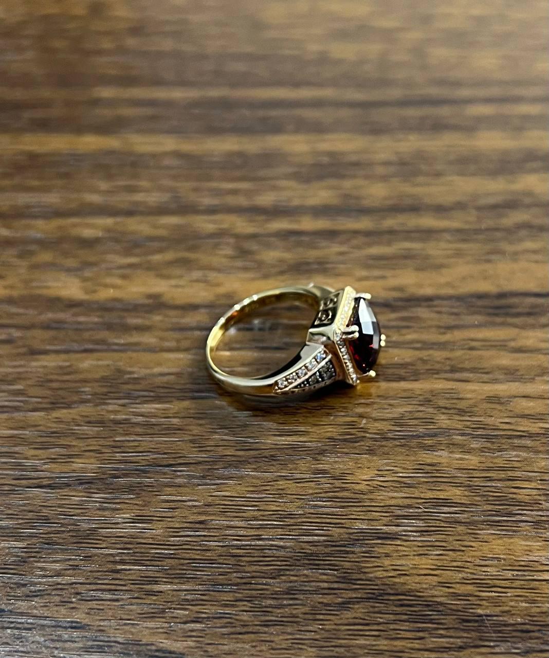 Rectangular Dark Red Garnet Champagne Diamond Halo Pave 14K Gold Statement Ring