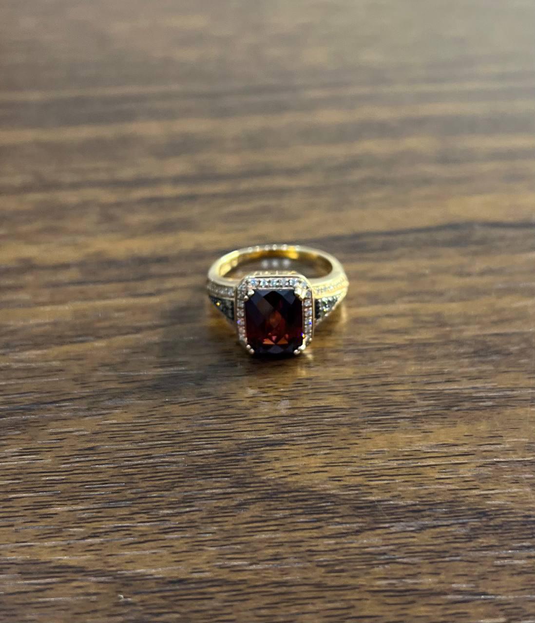 Rectangular Dark Red Garnet Champagne Diamond Halo Pave 14K Gold Statement Ring
