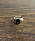 Rectangular Dark Red Garnet Champagne Diamond Halo Pave 14K Gold Statement Ring