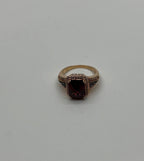 Rectangular Dark Red Garnet Champagne Diamond Halo Pave 14K Gold Statement Ring