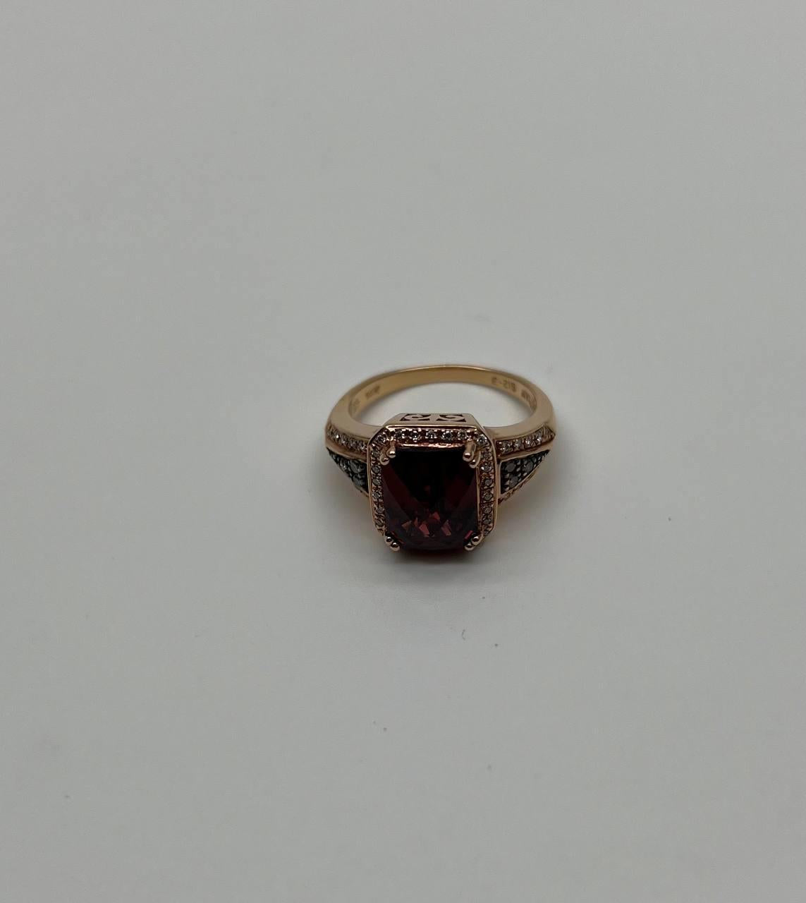 Rectangular Dark Red Garnet Champagne Diamond Halo Pave 14K Gold Statement Ring