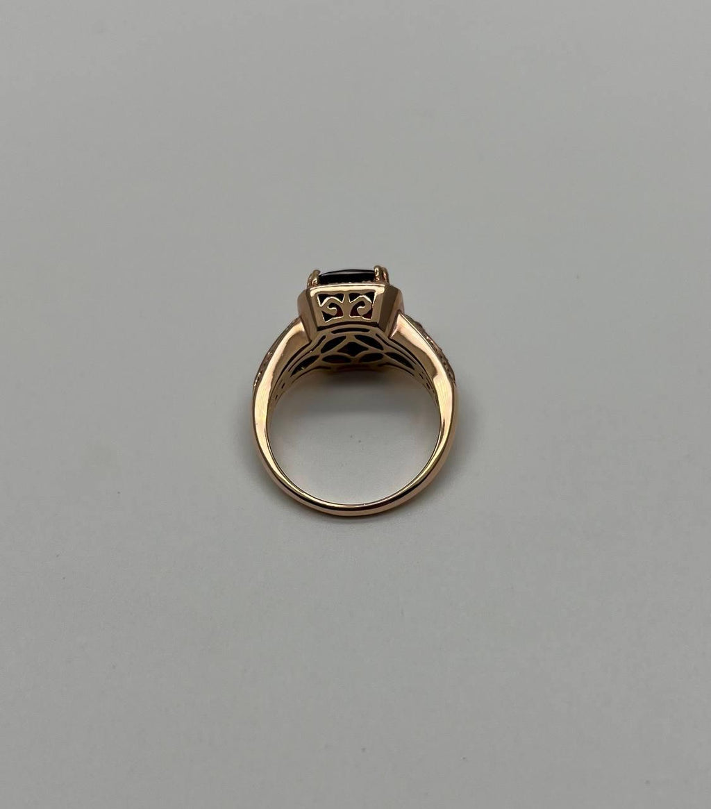 Rectangular Dark Red Garnet Champagne Diamond Halo Pave 14K Gold Statement Ring