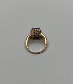 Rectangular Dark Red Garnet Champagne Diamond Halo Pave 14K Gold Statement Ring