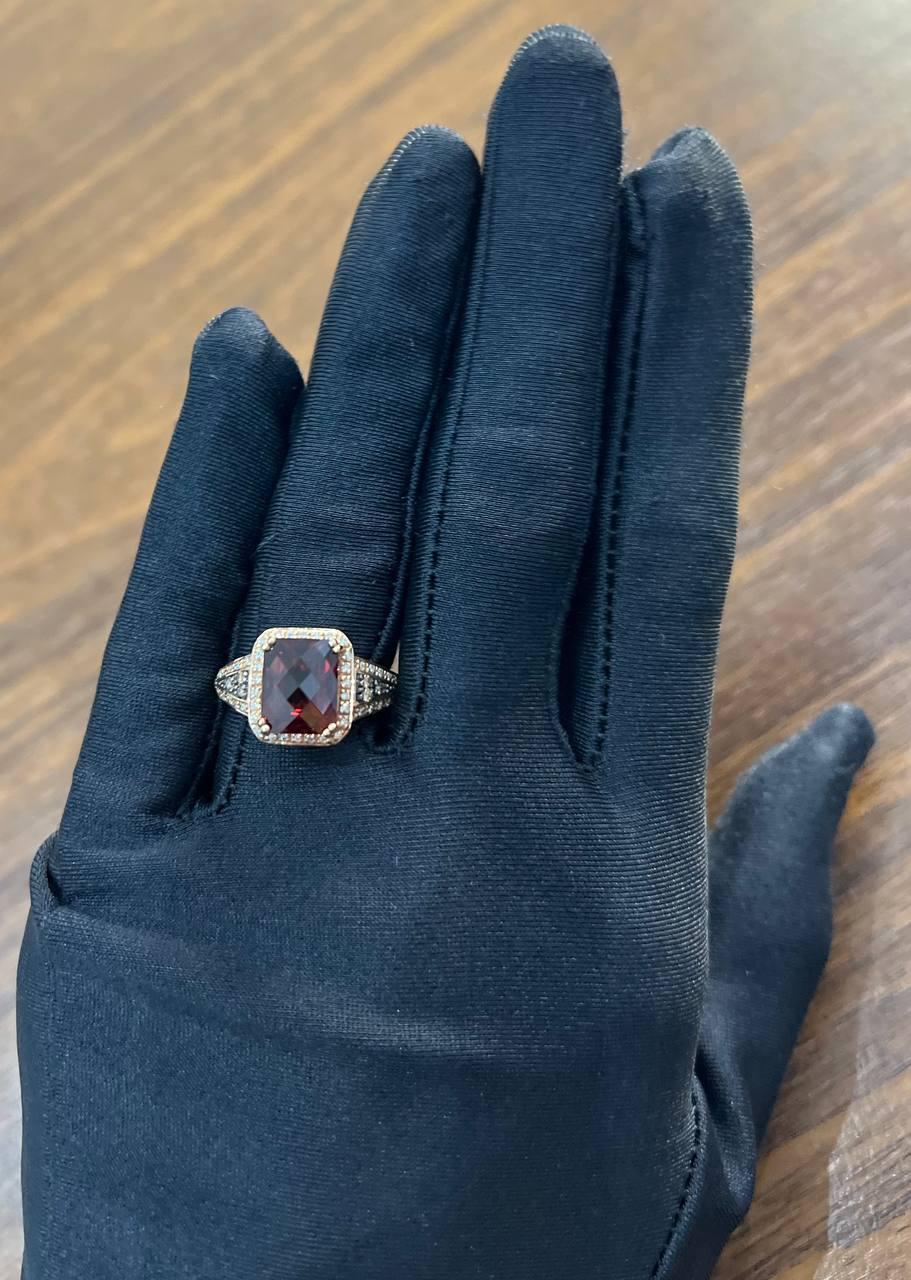 Rectangular Dark Red Garnet Champagne Diamond Halo Pave 14K Gold Statement Ring