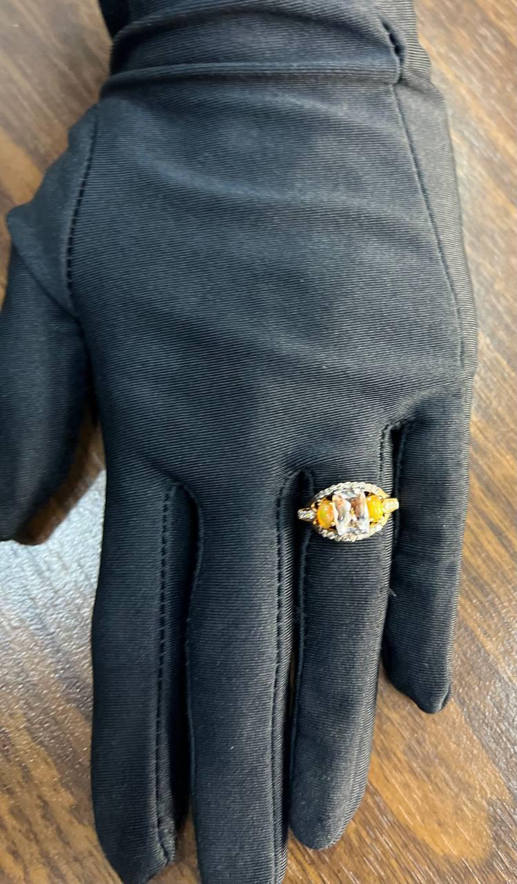 Cushion Light Peach Pink Morganite Orange Opals Diamonds 14KRose Gold Band Ring