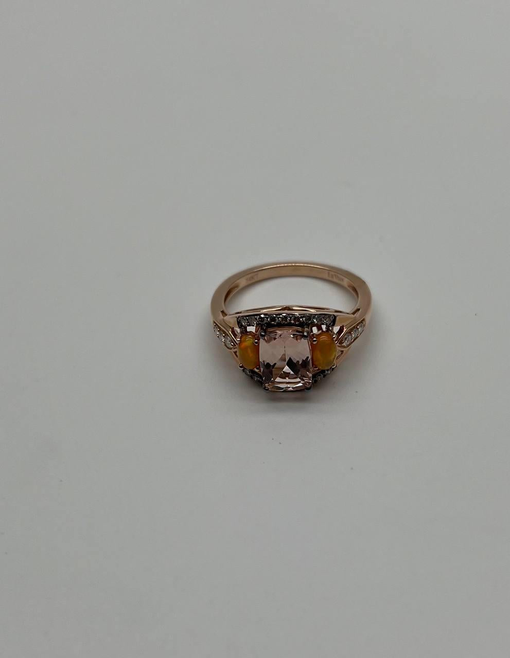 Cushion Light Peach Pink Morganite Orange Opals Diamonds 14KRose Gold Band Ring
