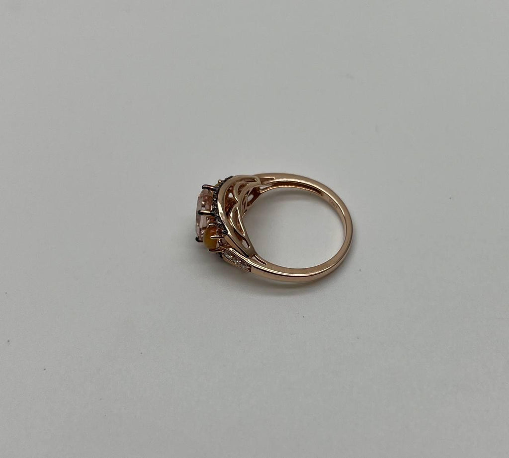 Cushion Light Peach Pink Morganite Orange Opals Diamonds 14KRose Gold Band Ring