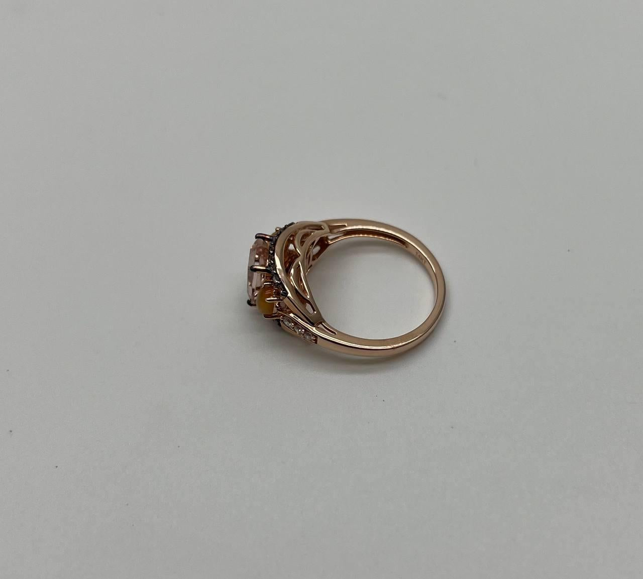 Cushion Light Peach Pink Morganite Orange Opals Diamonds 14KRose Gold Band Ring