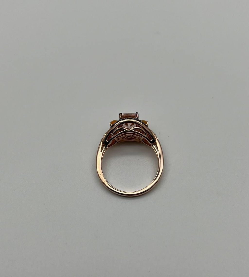 Cushion Light Peach Pink Morganite Orange Opals Diamonds 14KRose Gold Band Ring