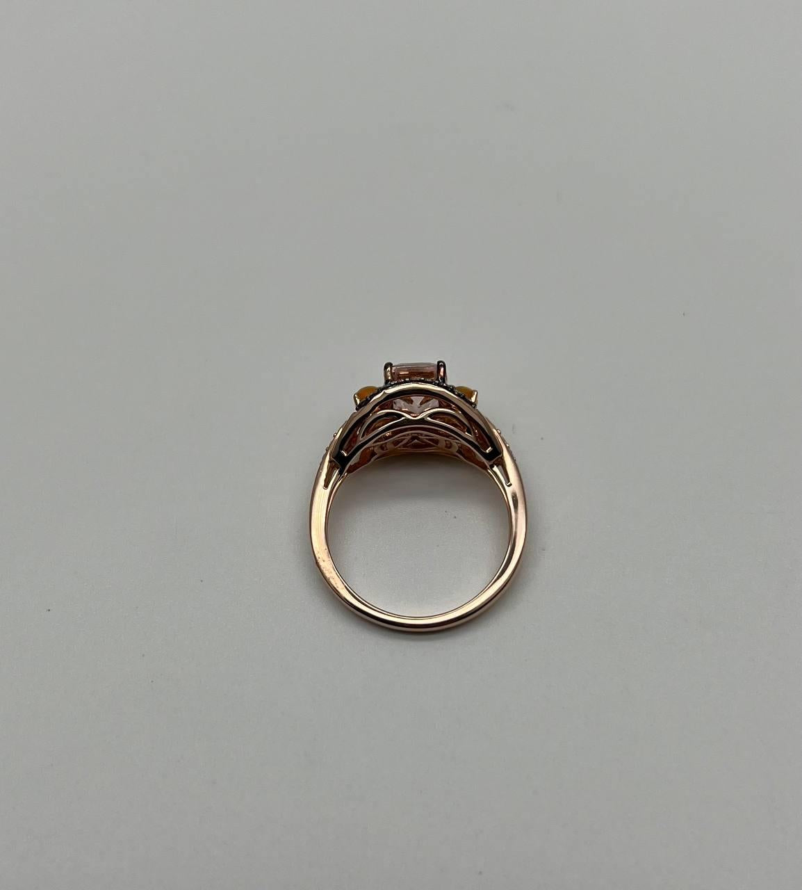 Cushion Light Peach Pink Morganite Orange Opals Diamonds 14KRose Gold Band Ring