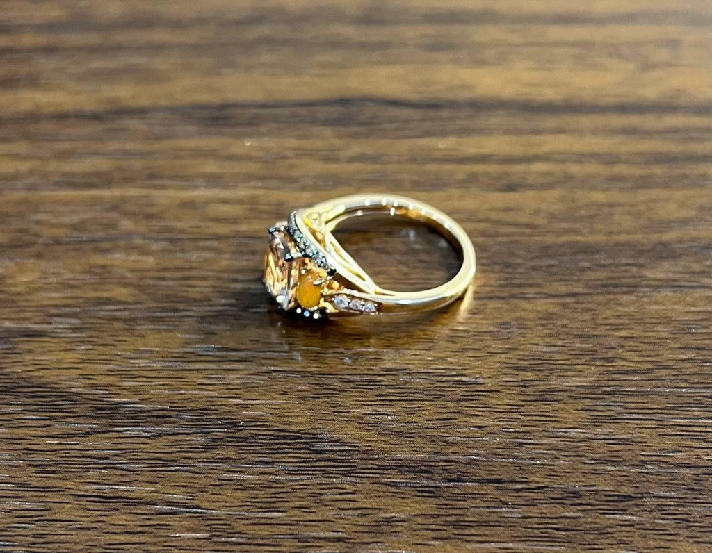 Cushion Light Peach Pink Morganite Orange Opals Diamonds 14KRose Gold Band Ring
