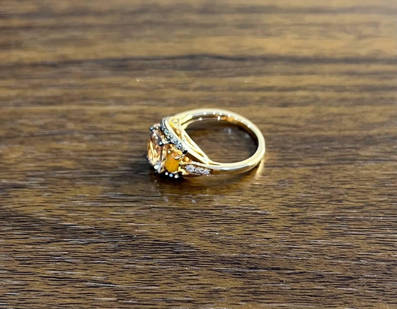 Cushion Light Peach Pink Morganite Orange Opals Diamonds 14KRose Gold Band Ring
