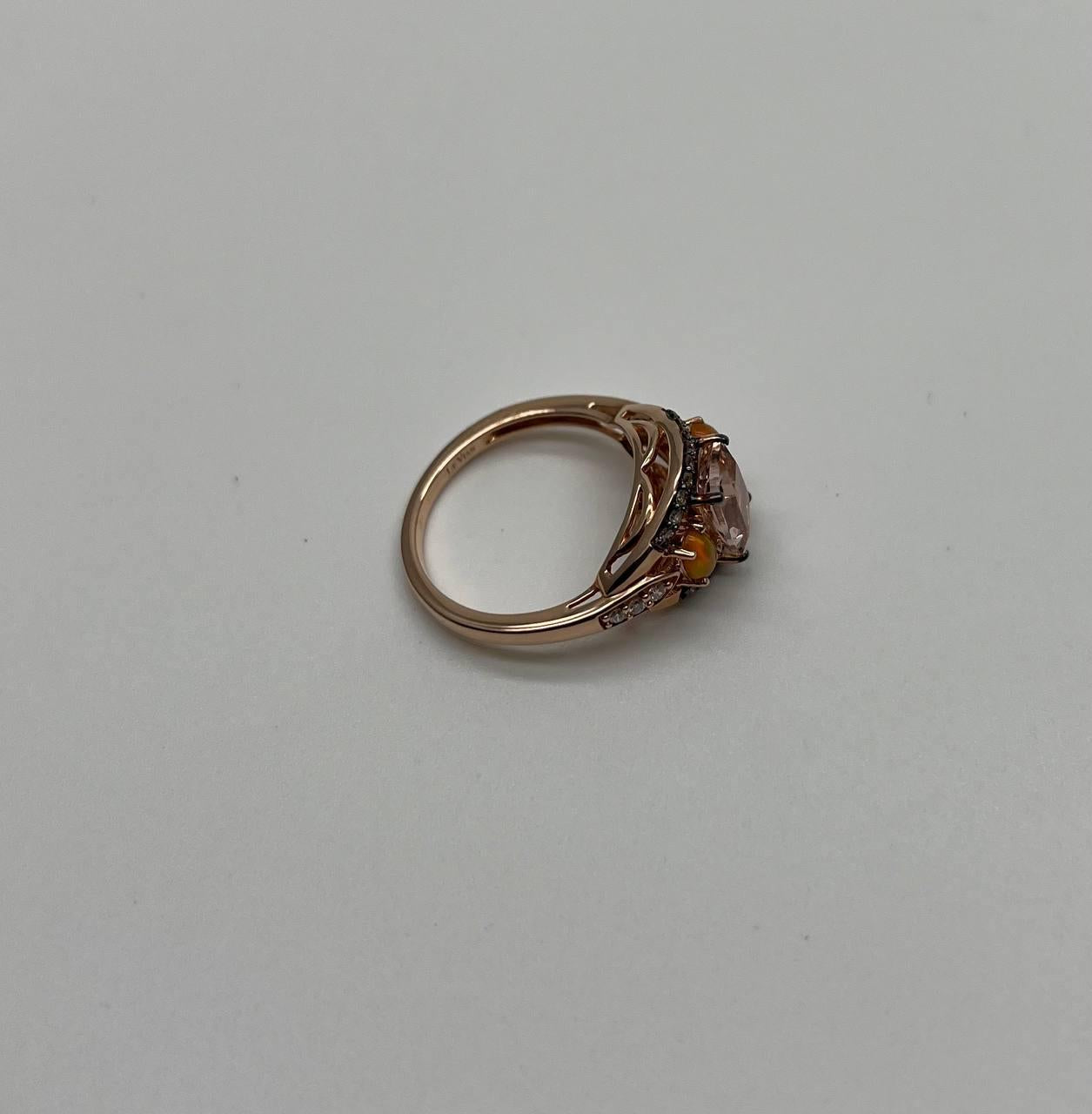 Cushion Light Peach Pink Morganite Orange Opals Diamonds 14KRose Gold Band Ring