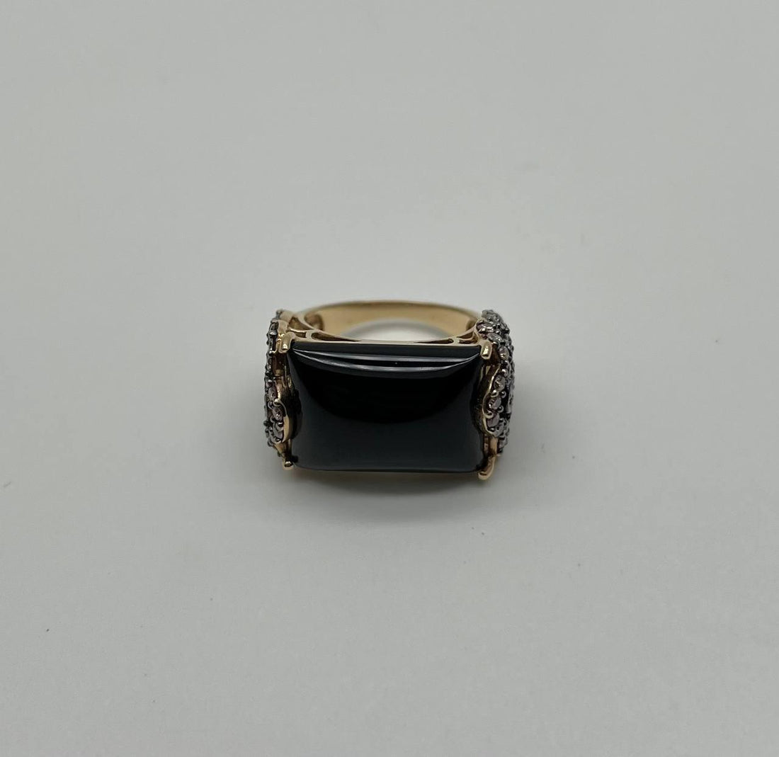 Rectangular Black Onyx Center White Diamonds 14K Gold Floral Cocktail Ring