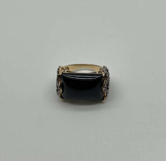 Rectangular Black Onyx Center White Diamonds 14K Gold Floral Cocktail Ring
