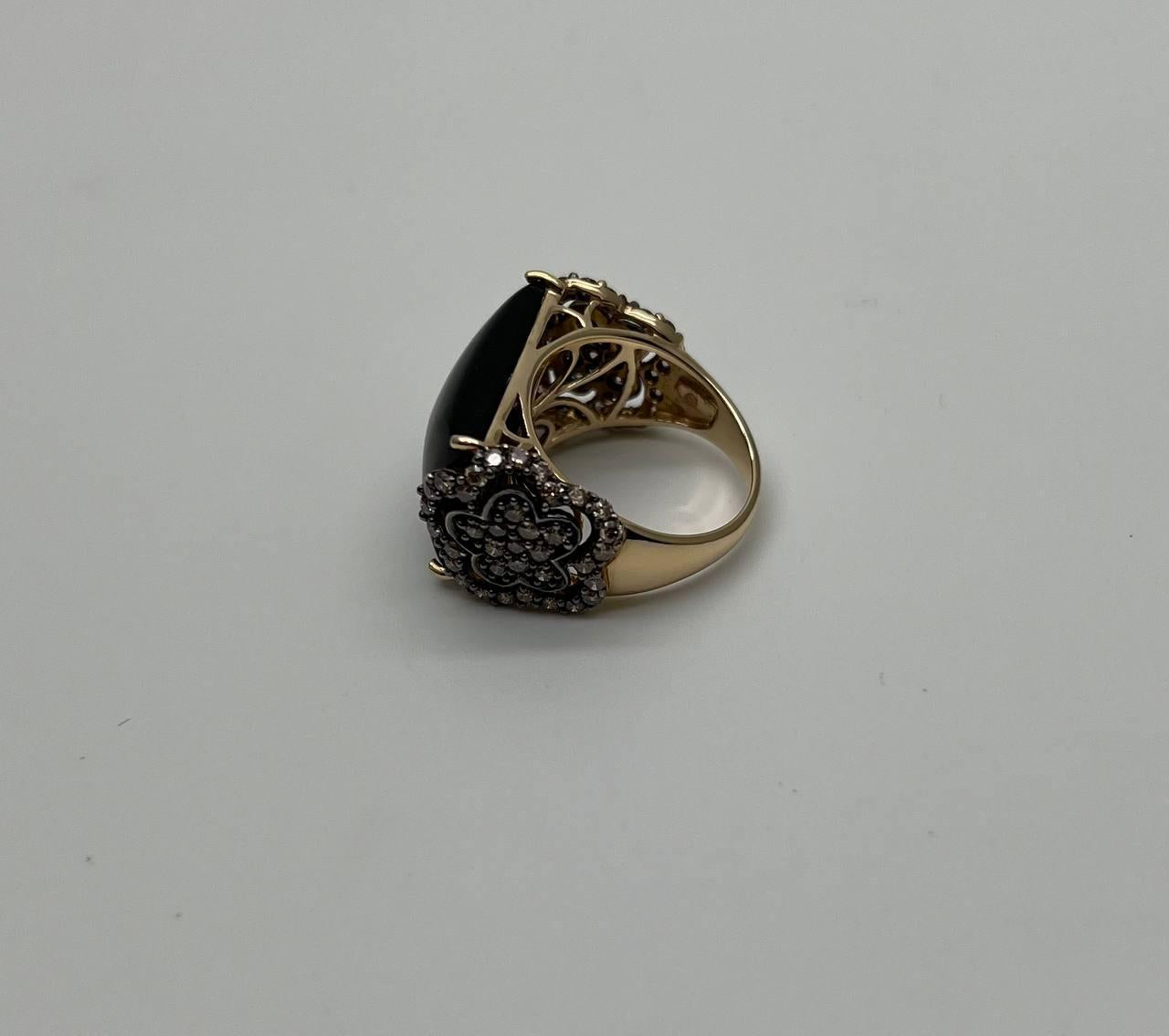 Rectangular Black Onyx Center White Diamonds 14K Gold Floral Cocktail Ring