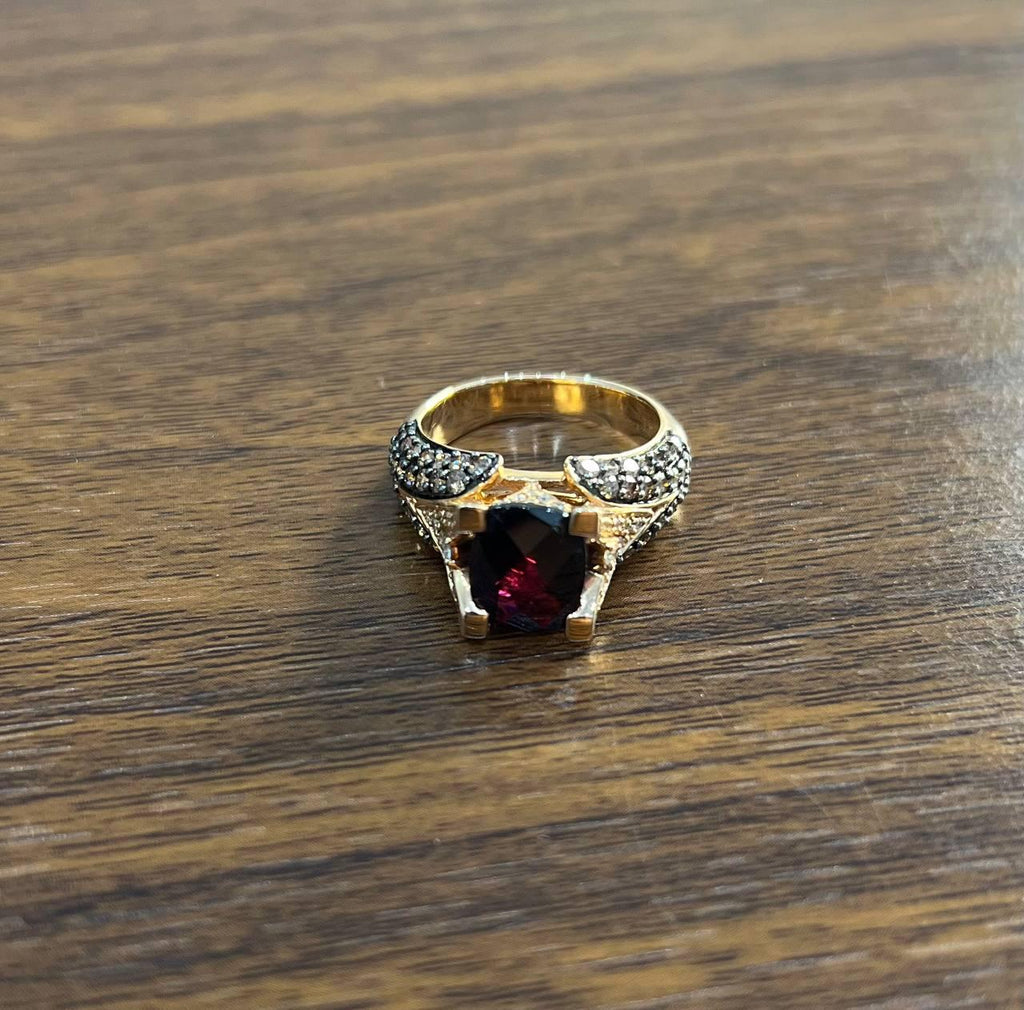 Dark Red Garnet Champagne White Pave Set 14K Rose Gold Statement Cocktail Ring