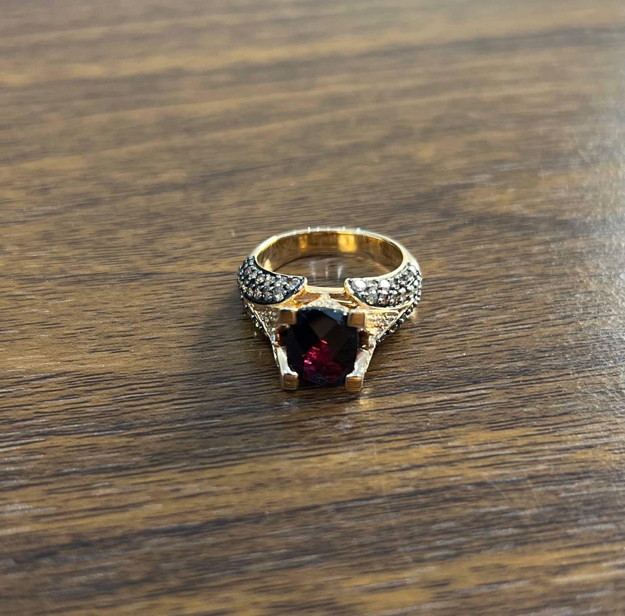 Dark Red Garnet Champagne White Pave Set 14K Rose Gold Statement Cocktail Ring