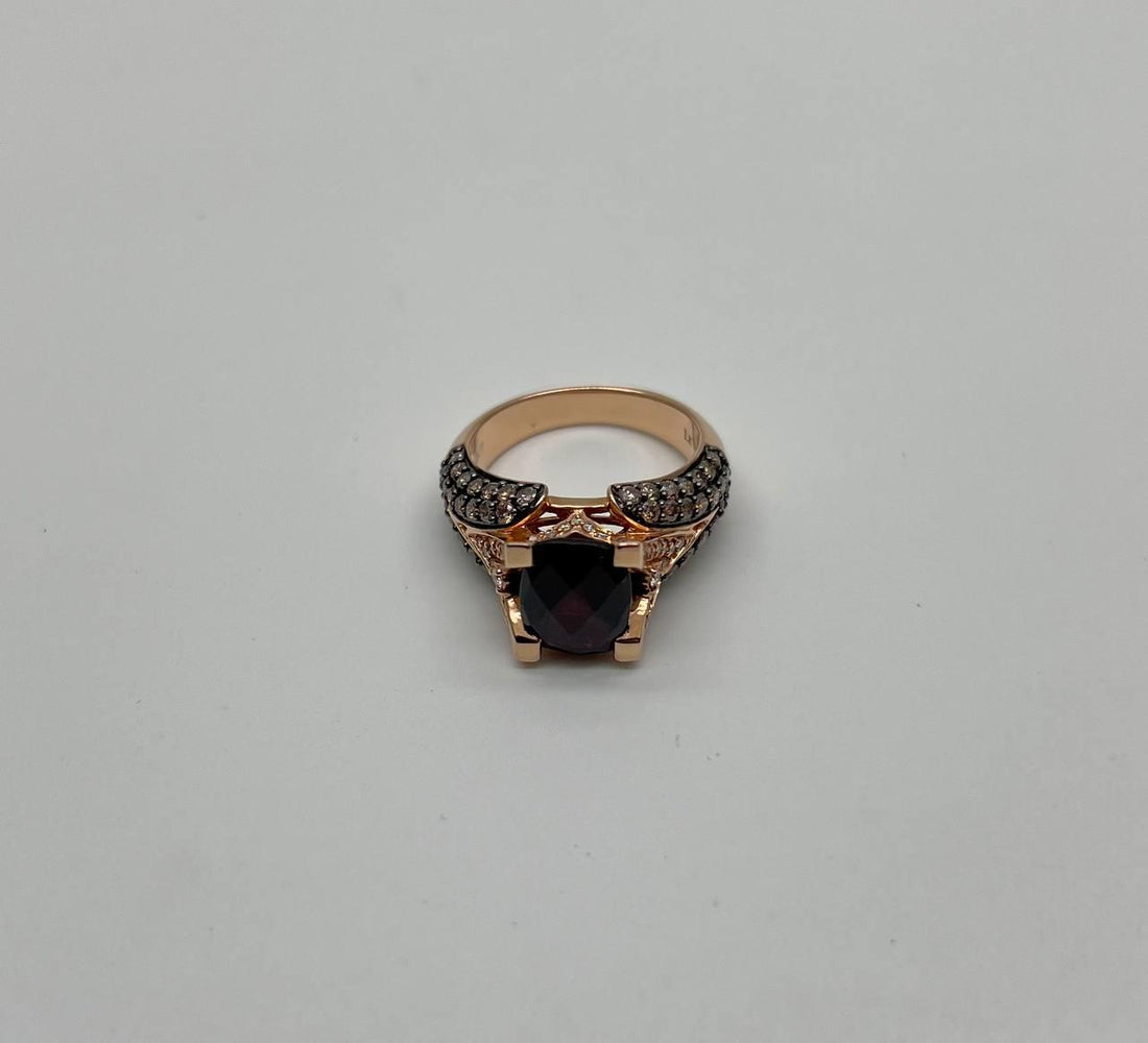 Dark Red Garnet Champagne White Pave Set 14K Rose Gold Statement Cocktail Ring