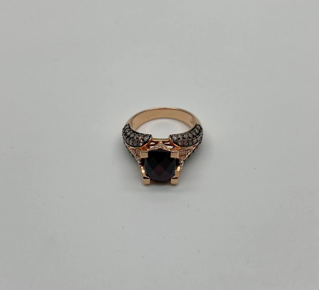 Dark Red Garnet Champagne White Pave Set 14K Rose Gold Statement Cocktail Ring