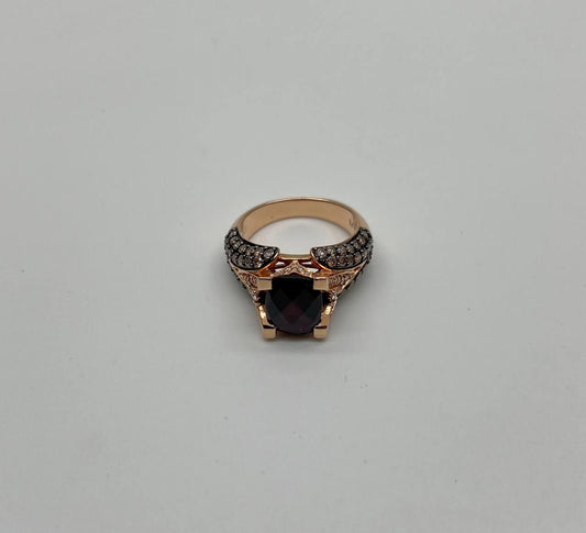 Dark Red Garnet Champagne White Pave Set 14K Rose Gold Statement Cocktail Ring