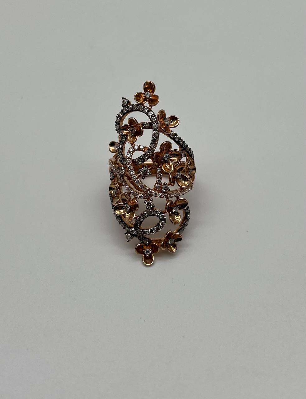 Gold Flower Design Looped White Brown Diamonds Statement Floral Design Full Ring