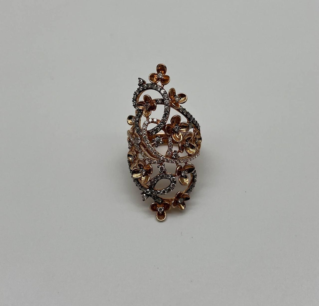 Gold Flower Design Looped White Brown Diamonds Statement Floral Design Full Ring